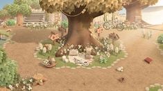 an animated image of a tree in the middle of a field with animals and other things around it