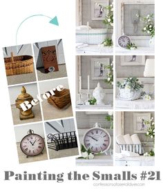 a collage of photos showing different things in the same room, including clocks and baskets