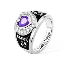 Customized Keepsakes - This personalized class ring offers a wonderful way to commemorate your graduation in the year 2023. You have the freedom to personalize this ring with your birthstone, name, initials, or any other desired text, ensuring it becomes a treasured memento that will be cherished for years to come.Collectible Presents - For those interested in building a collection of custom class rings, this ring is an essential addition. By acquiring class rings from various schools and univer Personalized Sterling Silver Jewelry In Diamond White, Customizable Silver Fine Jewelry, Personalized Diamond White Sterling Silver Jewelry, Black Sterling Silver Jewelry For Mother's Day, Customizable Silver Jewelry For Promise, White Gold Jewelry For Mother's Day Memorial, Personalized Black Jewelry For Anniversary, Customizable Silver Heart Cut Jewelry, Customizable Silver Jewelry With Heart Cut