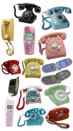 an assortment of old fashioned telephones and phones on white background with clipping path