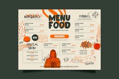 a menu with an orange and black design