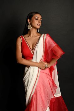 Red and White Hand Embroidered Georgette-Organza Ruffle Saree Paired With Blouse - Anvi Couture Red Blouse Combination Saree, Organza Ruffle Saree, Ruffle Saree Blouse, Red Ruffle Saree, Red And White Saree, Ruffled Saree, Baluchari Saree, Silver Blouse, Orange Saree