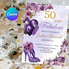 a birthday party with purple high heels and balloons on the table, surrounded by confetti