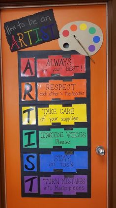 a door decorated with different types of art and writing on it's front wall