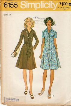 two women's dresses, one in blue and the other in brown with buttons