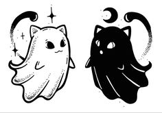 two black and white drawings of cats with stars on their heads, one has a ghost face