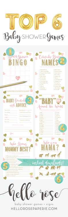 a baby shower game with gold foil lettering