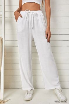 Lasaky - White Drawstring High Waisted Casual Pants White Beach Pants, High Waist Palazzo Pants, Wide Legs Pants, Yoga Beach, Casual Wide Leg Pants, Casual Home, Causual Outfits, Fall 2022, Loose Pants