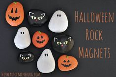 halloween rock magnets with black cats, pumpkins and jack - o'- lanterns