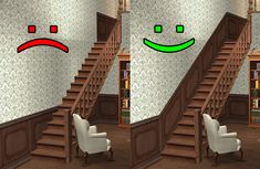 an animated image of a living room with stairs and couches in front of them