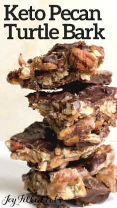 chocolate and pecan turtle bark is stacked on top of each other