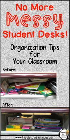 a book shelf filled with books next to the words no more messy student desks