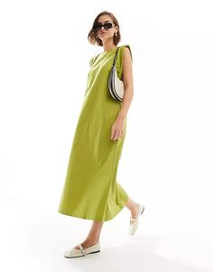 ASOS DESIGN cotton shapeless midi dress with shoulder pads in olive green | ASOS Green Cotton Sleeveless Midi Dress, Green Cotton Midi-length Sleeveless Dress, Green Cotton Midi Length Sleeveless Dress, Olive Sleeveless Midi Dress, Sleeveless Olive Maxi Dress For Spring, Green Sleeveless Maxi Dress For Work, Green Cotton Midi Dress For Work, Green Sleeveless Midi Dress For Work, Dress With Shoulder Pads