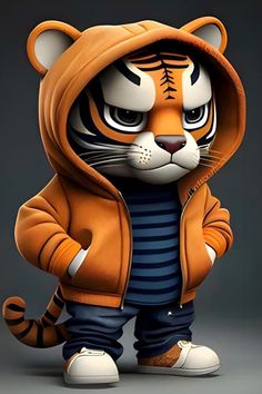 a cartoon tiger wearing a hoodie and standing in front of a gray background with the caption's name on it