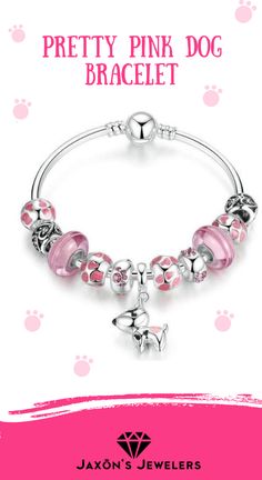 If you’re a pink fanatic who also loves dogs, then this bracelet is definitely for you. It’s the perfect accessory for those who love their pets and are proud of it. Charms include paw-printed spacers, spotted charms in white and pink, and an adorable dog figure. Comes in high polished finish that looks classy and elegant, perfect for accessorizing any look and style.  #dogbracelet #dogjewelry #doggifts #dogproducts #petjewelry Dog Bracelet, Dog Jewelry, Murano Glass Beads, Bangle Bracelets With Charms, Pink Dog, Charm Bangle, Pink Bracelet, Animal Jewelry, Ankle Bracelets