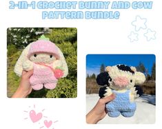 two crochet bunny and cow stuffed animals are shown with the text, 2 in 1 crochet bunny and cow pattern bundle