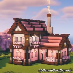 Minecraft Cherry Blossom House || OmniGod Gamer Long Minecraft House, Y2k Minecraft House, Minecraft House Interior Design, Pink And Green Minecraft House, Cherry Blossom Cabin Minecraft, Sheep Barn Minecraft, Cherry Blossom Greenhouse Minecraft, Flower Minecraft House, Pink Minecraft Cottage