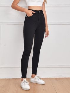 Black    Denim Plain Skinny  High Stretch  Women Denim Women's Black Jeans, Hemming Jeans, Buckle Jeans, Jeans Outfit Summer, Black Jeans Women, Recycle Jeans, Nudie Jeans, Aaliyah, Dark Wash Jeans