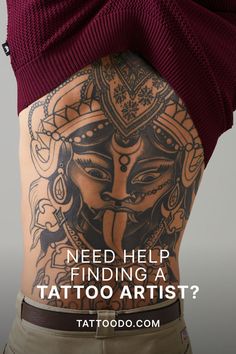 a woman with tattoos on her stomach and the words need help finding a tattoo artist?