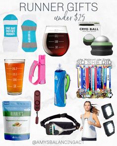 a collage of running gifts under $ 25 including water bottles, sports equipment and other items