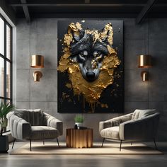 a living room with two chairs and a large painting on the wall above it that has gold paint splatters all over it