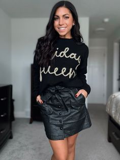 Your new favorite faux leather piece- a skirt! Pairs perfectly with sweaters, graphics, bodysuits or any cute top! We have it paired with our “holiday queen” sweater for a cute holiday outfit idea! Textured pleather skirt with removable tie waist, pockets & functional buttons True to size fit models are in size small and 5’2 & 5’8 suggested size chart small: 0-4 medium: 6-8 large: 8-10 Fit Models, Holiday Outfit, Faux Leather Skirt, Leather Pieces, Faux Leather Leggings, Cute Top, Leather Leggings, Outfit Idea, A Skirt