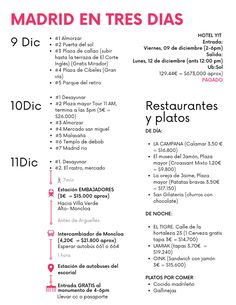 the menu for madrid's restaurant and bar, which is located on the first floor