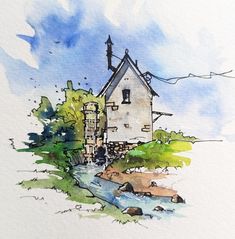 a watercolor painting of a house with a stream running through it