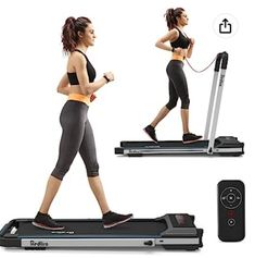 a woman running on a treadmill with an appliance attached to the side