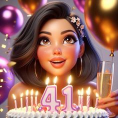 a woman is holding a birthday cake with candles and balloons in front of her face