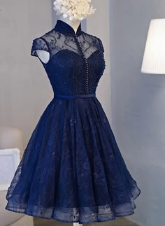 Beautiful Navy Blue Knee Length Lace Party Dress Navy Homecoming Dress, Navy Blue Homecoming Dress, Navy Blue Prom Dress, Lace Party Dress, Gaun Fashion, Blue Homecoming Dresses, Graduation Dresses, Lace Party Dresses, Short Party Dress