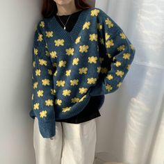 Women Sweaters Floral Printing Knitted Pullovers Retro Tops V-Neck Loose Knitwear beige-One Size Green Knit V-neck Sweater, Green V-neck Knitted Sweater, Casual Yellow V-neck Sweater, Casual Green Knitted V-neck Sweater, Green V-neck Winter Sweater, Green V-neck Sweater For Winter, Acrylic V-neck Sweater For Winter, Yellow Knit V-neck Sweater, Fall V-neck Sweater