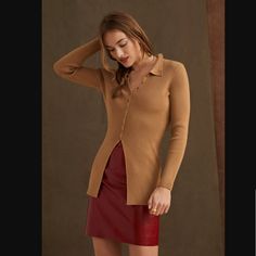 Look Your Best In This New Anthropologie Ribbed Brown Button-Front Cardigan. Its Classic Design, Luxurious Ribbed Fabric Blend Of 51% Viscose, 27% Polyester, And 22% Nylon, And Button-Down Front Closure Give A Flattering Silhouette For Any Body Type. The Length Is 28.5" And The Bust Stretches To 24". The Cardigan Is Made To Stretch. With Its Comfortable Wrinkle-Resistant Material, You'll Love Feeling Confident And Stylish Wherever You Go! Fitted Collared Cardigan With Button Closure, Classic Winter Tops For Day Out, Fitted Collared Cardigan For Fall, Fitted Collared Fall Cardigan, Chic Button-up Sweater For Layering, Fitted Button Sweater For Layering, Classic Long Sleeve Sweater For Day Out, Chic Ribbed Button-up Sweater, Fitted Brown Button-up Sweater