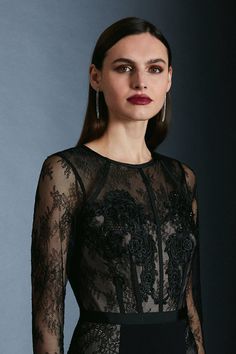 A Love Letter To Dressing Up, This Midi Dress Is A Luxurious, Alluring And Opulent Celebration Of Glamour In All Its Beauty. Created To Contour The Figure And Precision Design, It Comes With Stunning Embroidery Work On The Bodice With An Exquisite Lace Overlay.Style: Bodycon Dressdesign: Plainfabric: Polyesterlength: Midineckline: Crewsleeve Length: Long Sleeve A Love Letter, Love Letter, Embroidery Work, Karen Millen, Lace Overlay, Sleeve Detail, Fashion Face, Black Midi Dress, Beaded Embroidery