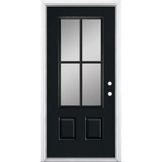 a black door with three glass panels