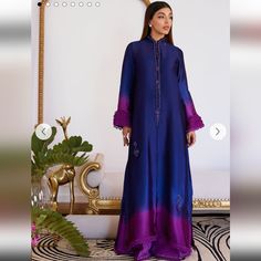 Fta Ombre Shisha Silk Set. Shirt, Slip And Pants Blue Abaya With Dabka Work For Party, Blue Dabka Maxi Dress, Blue Dabka Dress For Eid, Blue Maxi Dress With Dabka Details, Elegant Blue Long Sleeve Kurta, Elegant Long Sleeve Blue Kurta, Blue Long Sleeve Dress With Dabka Embroidery, Elegant Blue Summer Abaya, Festive Blue Abaya With Dabka Detailing