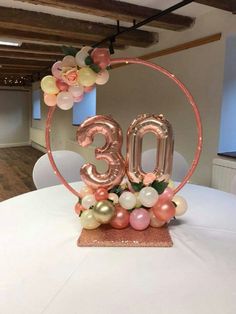 the number three balloon decoration is displayed on top of a round table with white and pink balloons