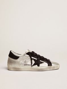 Super-Star sneakers in silver leather with contrasting inserts The Golden Goose, Golden Family, Exclusive Sneakers, Golden Goose Sneakers, Lace Socks, Golden Goose Shoes, Star Sneakers, Super Star, Golden Goose