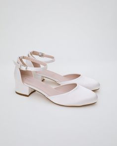 Round Toe Satin Block Heel with Ankle Strap White Round Toe Block Heels For Wedding, White Short Heels, White Block Heel Wedding Shoes With Heel Strap, Formal White Block Heels With 4-inch Heel, White Court Shoes With 4-inch Heel And Ankle Strap, White Ankle Strap Block Heels With 4-inch Heel, Prom Night, Evening Shoes, Blue Satin