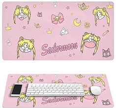 two computer mouse pads with cartoon characters on them, one has a keyboard and the other has