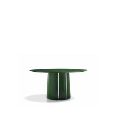 a green table with two legs and a round top on the bottom, in front of a white background