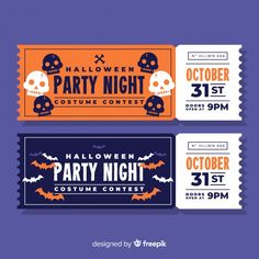 two halloween party tickets with skulls and bats on the front, one in orange and blue