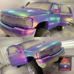 two pictures of a purple truck with holographic paint on it's hood