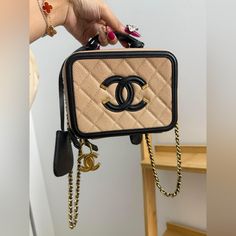 Chanel Filigree Small Vanity Caviar Beige/Black Very Good Condition. Only Has Wear On The Chain. Bag Only Price Is Firm. Bundle Deals Are Available If You Purchase More Than One Bag. Final Sale: No Return/Exchange/Refund ..$3000 Out Of Pm Small Vanity, The Chain, Chanel Bags, One Bag, Chain Bag, Black Cream, Chanel Bag, Final Sale, Vanity