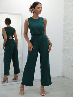 Dark Green Elegant  Sleeveless Polyester Plain Culottes Embellished Slight Stretch Spring/Summer Women Jumpsuits & Bodysuits Cutout Jumpsuit, Tube Jumpsuit, Colorful Jumpsuit, Sleeveless Dresses Casual, Wedding Jumpsuit, Night Looks, Wide Leg Jumpsuit, Green Fashion