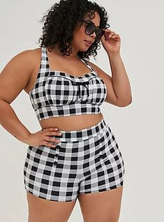 Retro Ultra High-Rise Button 3.5 Inch Swim Short, RETRO GINGHAM Swim Short, High Waisted Swim, Swim Skirt, Swimsuits For All, Matches Fashion, Gingham Print, Retro Chic, Plus Size Swimwear, Button Detail