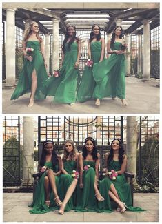 four beautiful women in green dresses sitting on a bench and posing for pictures with each other