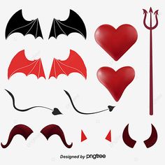 some red and black devil horns, heart shaped horns, and an arrow on a white background