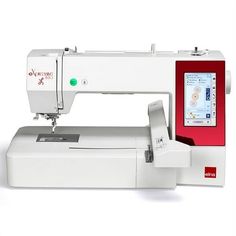 the sewing machine is white and has red trim on it's front end, with an appliqued screen in the center