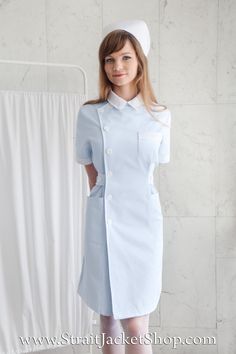 Cute Blue Nurse Uniform with Short Sleeves AND Nurse cap Very breathable 100% High Quality Cotton. The Uniform has two deep pockets at the sides and one smaller chest pocket. Equipped with a rubber welt at back and 2 welts fastened on buttons at sides, to ensure a perfect close fit. Size S Bust 90cm (35.4inch) Waist 70cm (27.5inch) Hips 96cm (37.7inch) Size M Bust 98cm (38.5inch) Waist 78cm (30inch) Hips 104cm (41inch) Size L Bust 105cm (41inch) Waist 86cm (34inch) Hips 112cm (44inch) More sizes Nurses Uniform Modern, Nurse Scrub Dress, Hospital Scrubs, Nurse Dress, Nurse Dress Uniform, Scrubs Dress, Medical Hospital, Nurse Cap, Hospitality Uniform